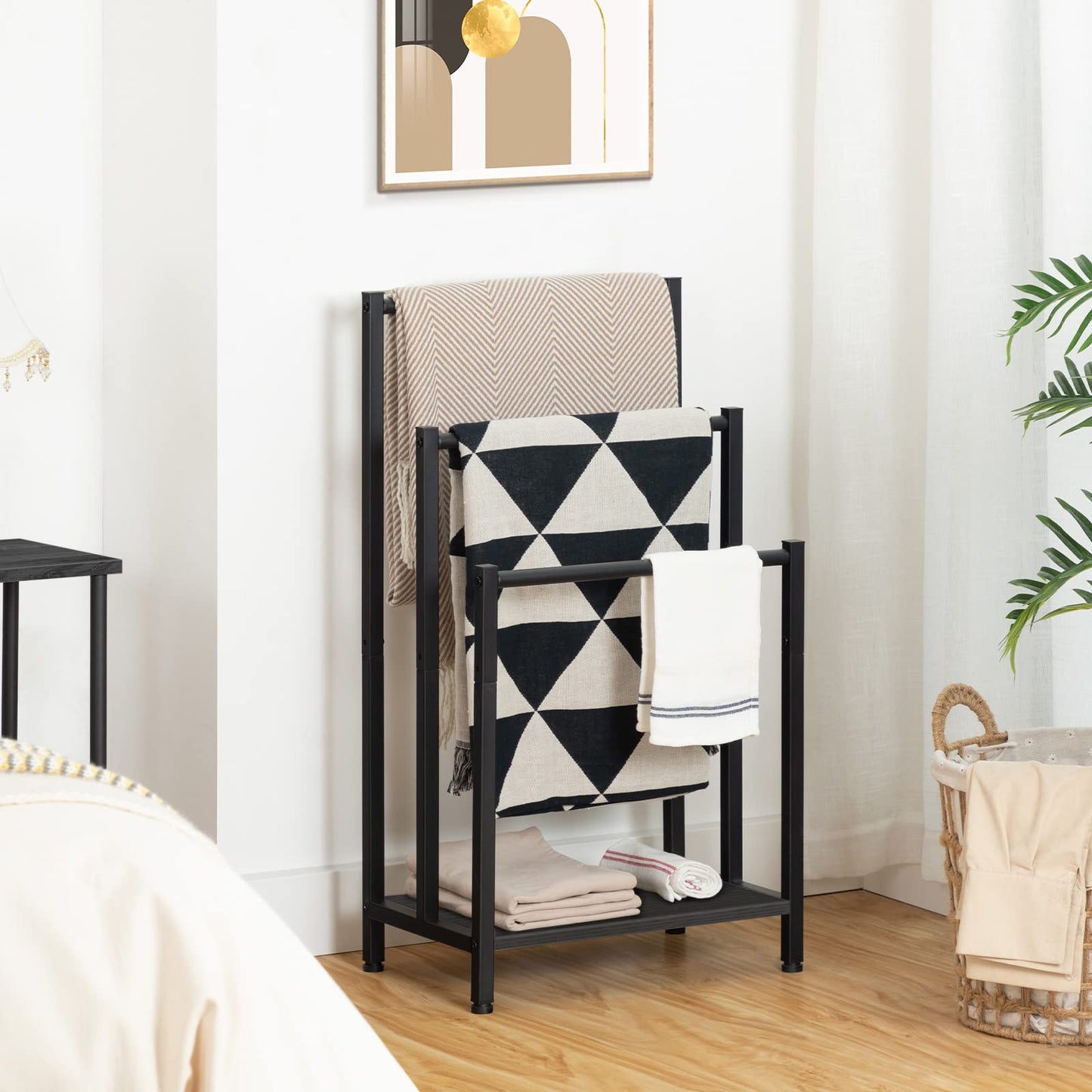 HOOBRO Black Three-Tier Freestanding Towel Rack with Shelves