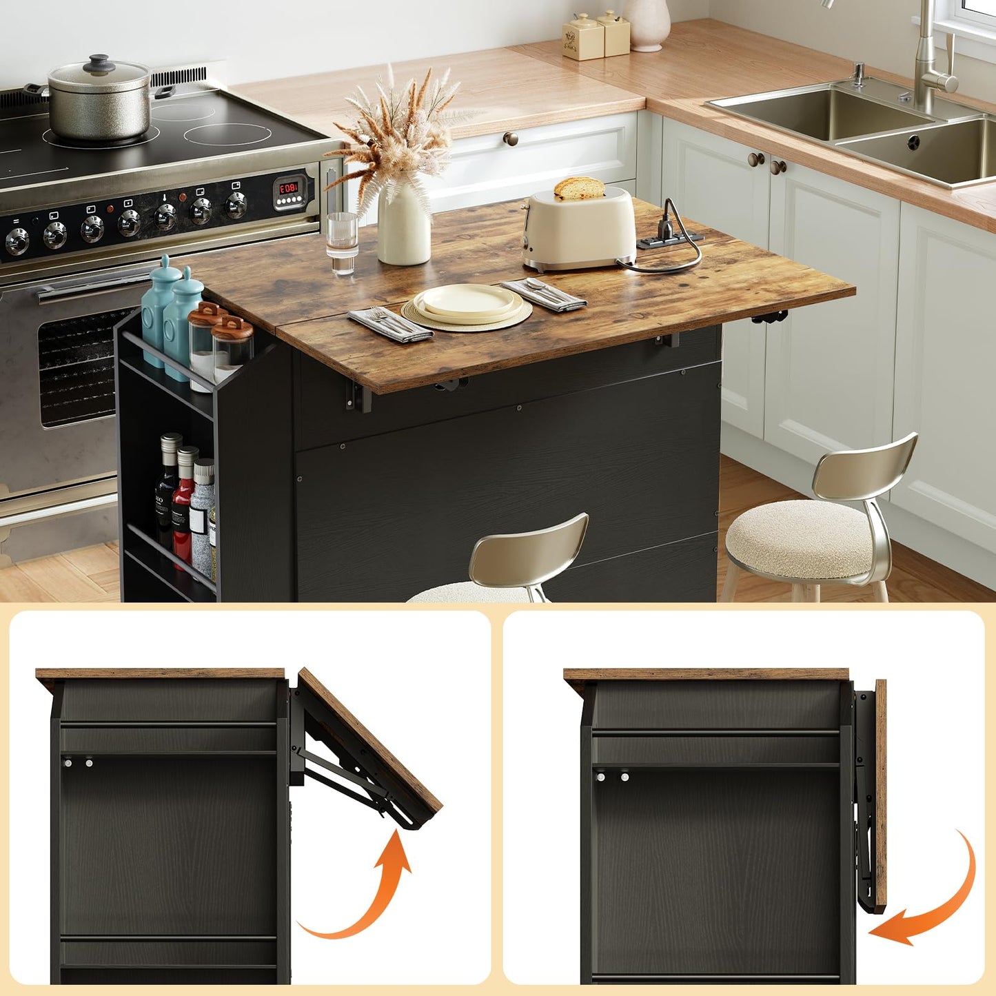 HOOBRO Black Portable Kitchen Island with Folding Countertop & Power Outlet & Drawers and Spice Rack