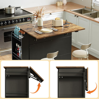 HOOBRO Black Portable Kitchen Island with Folding Countertop & Power Outlet & Drawers and Spice Rack