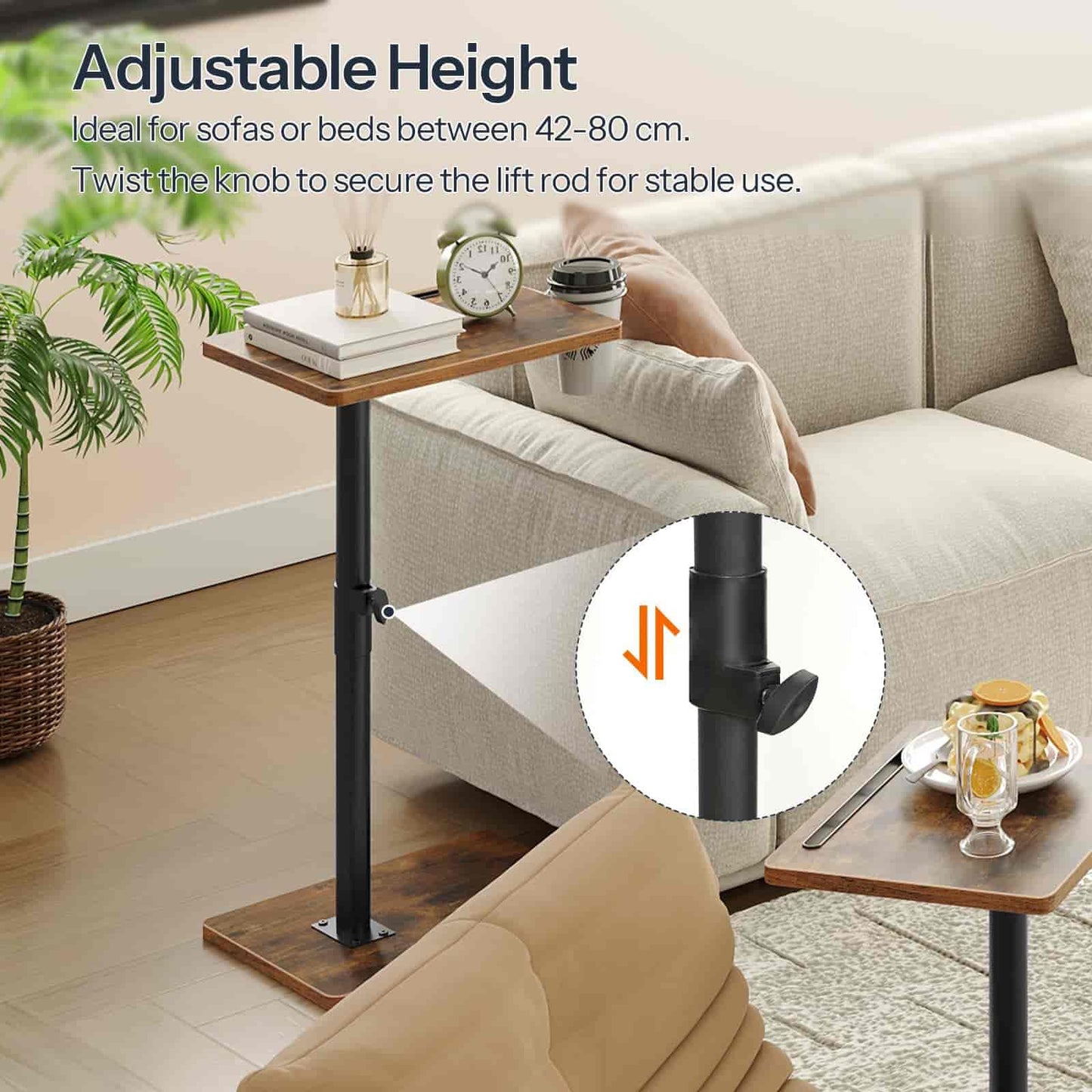 Adjustable height side table in a living room setting with a person lounging on a sofa.