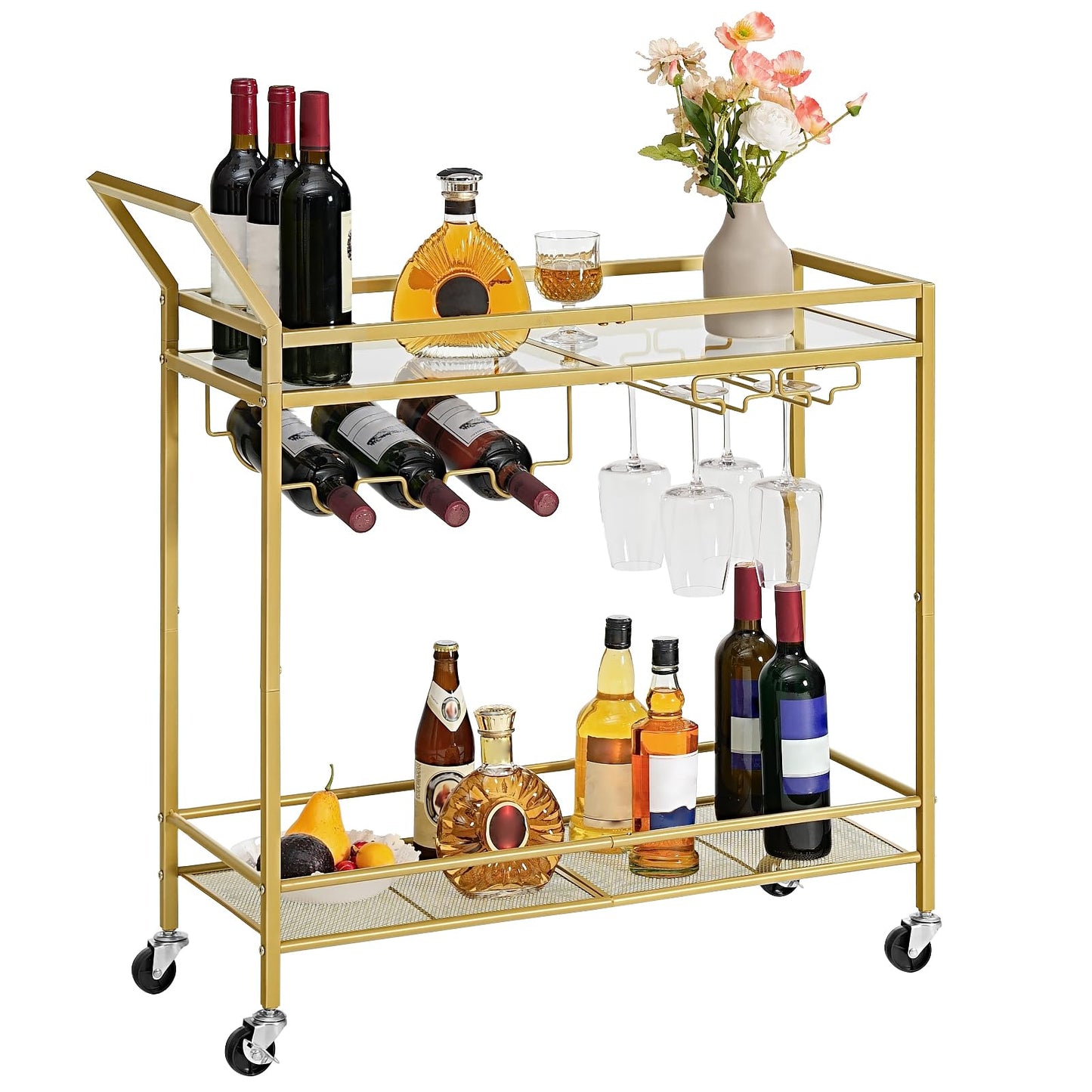 HOOBRO Gold Double-Layer Movable Home Bar Trolley with Wine Rack & Glass Holder & Guardrail