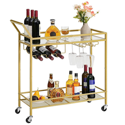 HOOBRO Gold Double-Layer Movable Home Bar Trolley with Wine Rack & Glass Holder & Guardrail