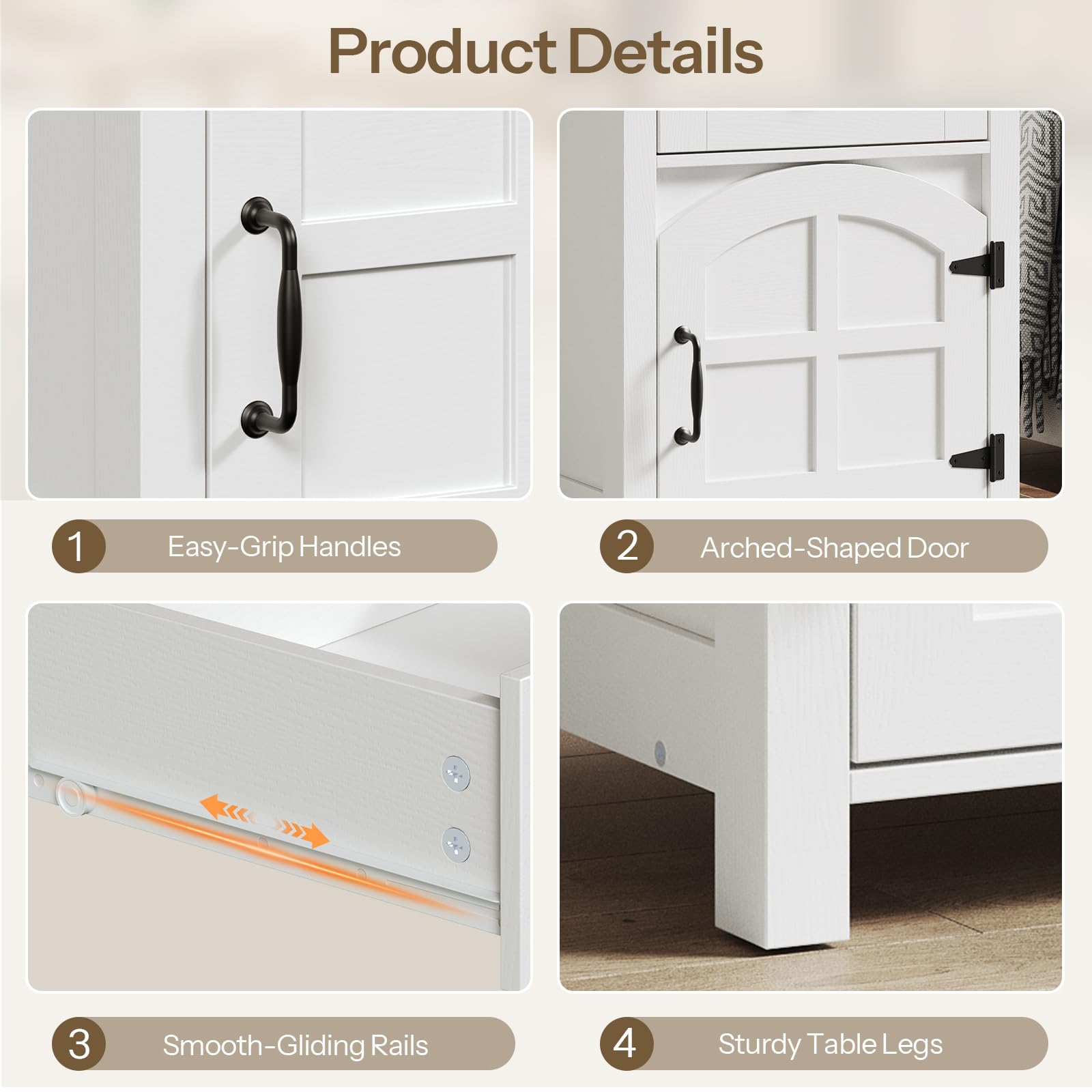 Product details of a white cabinet with features highlighted.