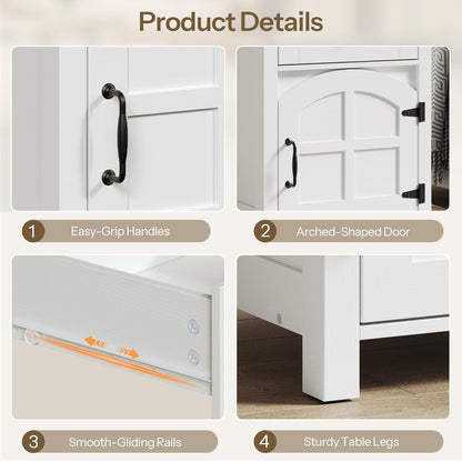 Product details of a white cabinet with features highlighted.