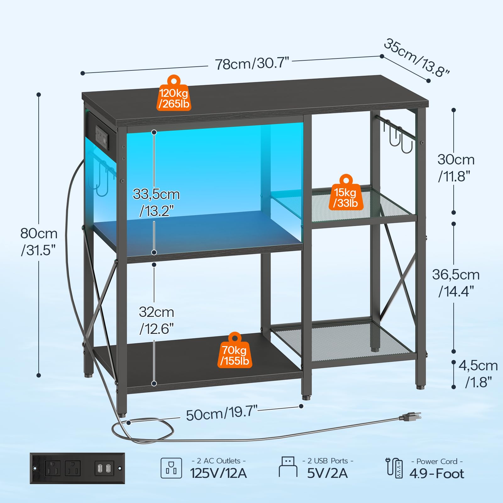 Measurement chart of a fish tank stand with dimensions and weight capacity.