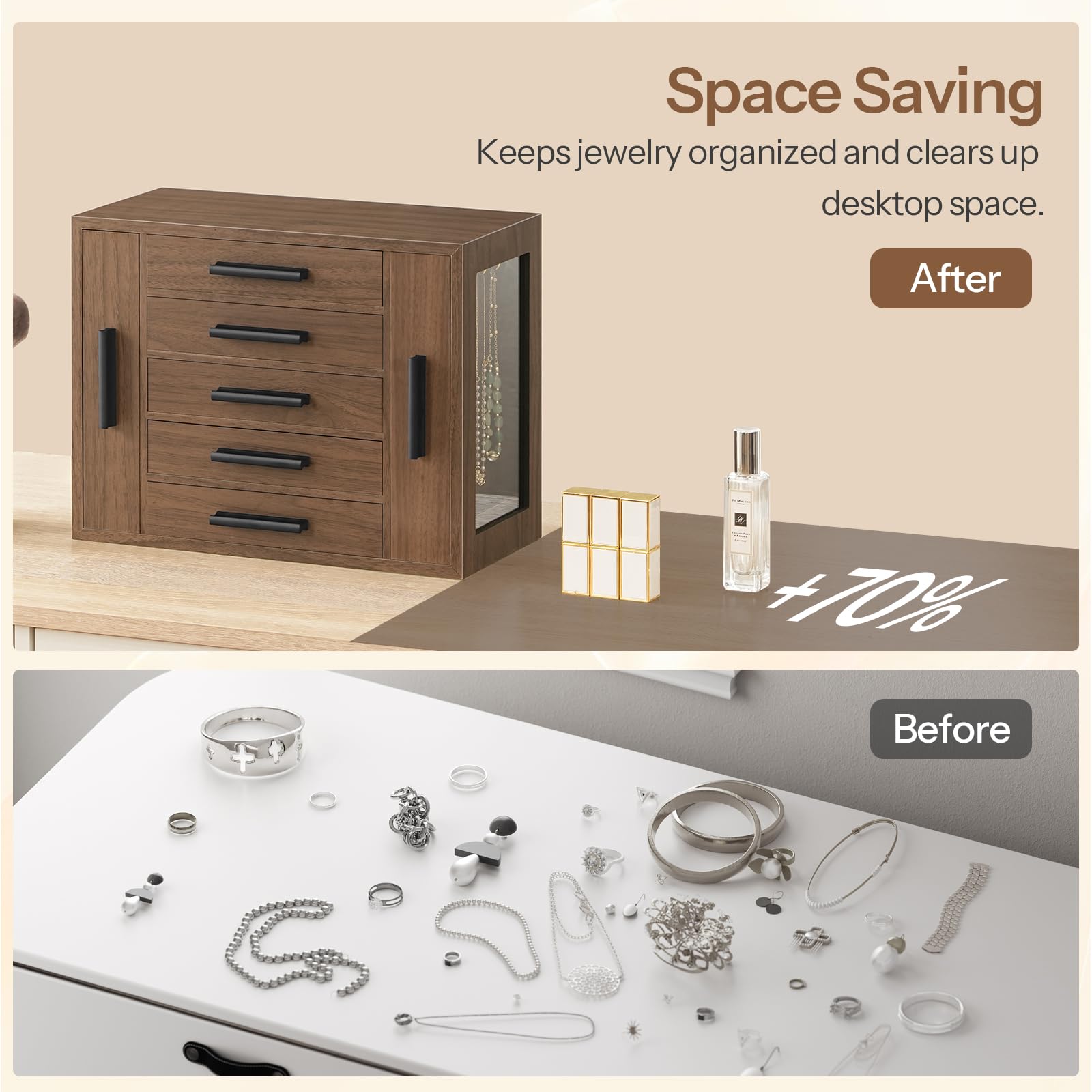 Before and after comparison of jewelry organization with a wooden jewelry box.