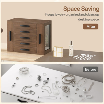 Before and after comparison of jewelry organization with a wooden jewelry box.