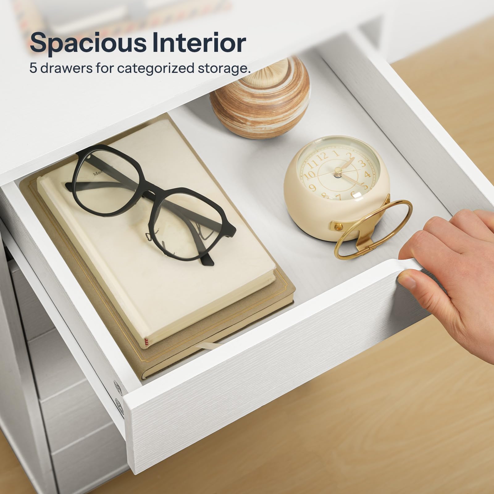 Open drawer with books, glasses, and a clock, labeled 'Spacious Interior' with text about categorized storage.
