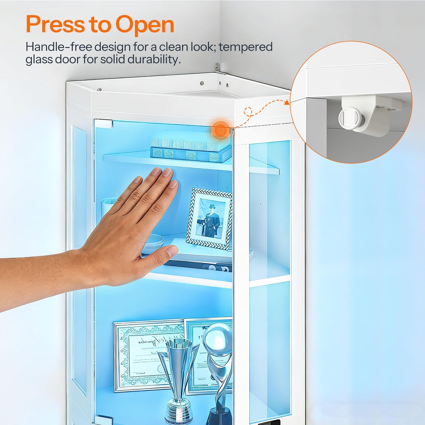 Display case with a press-to-open mechanism, showing a hand pressing the button.