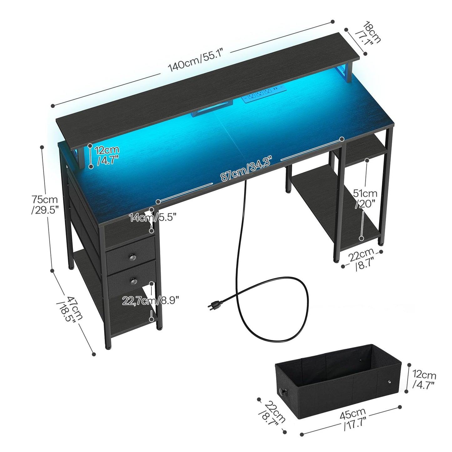 HOOBRO 55-inch Double Drawer Mobile Filing Cabinet and Computer Desk with Power Outlet & LED Light Strip Set & 2 Fabric Drawers