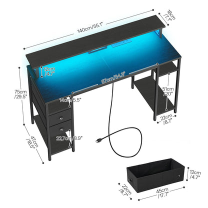 HOOBRO 55-inch Double Drawer Mobile Filing Cabinet and Computer Desk with Power Outlet & LED Light Strip Set & 2 Fabric Drawers