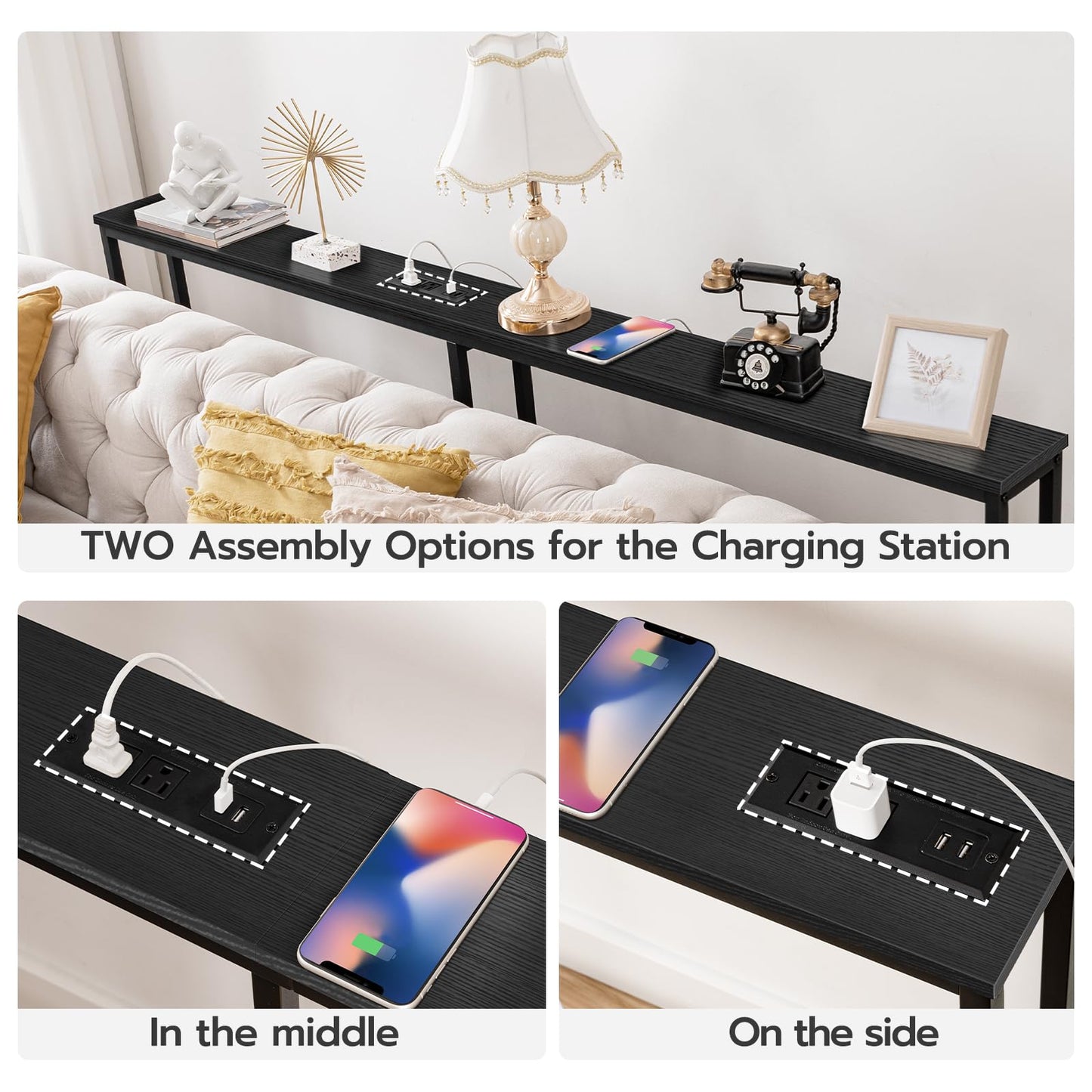 HOOBRO Black 63-inch Narrow Console Table with Charging Station & 2 Power Outlets & USB Port