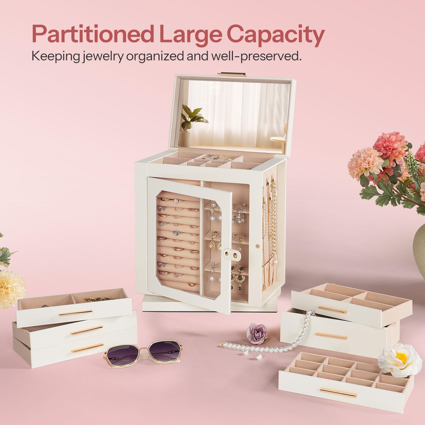 HOOBRO 360 Degrees Rotating Jewelry Organizer Box with Mirror & 6-Drawer