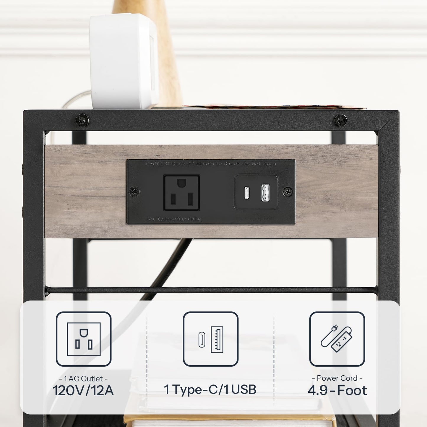 HOOBRO Greige Three-Tier Portable Industrial Printer Stand with Power Outlet & USB Port & 2 Hooks