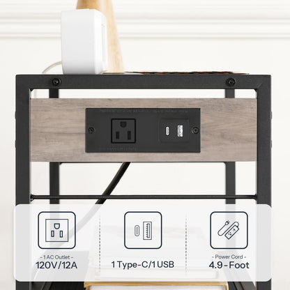 HOOBRO Greige Three-Tier Portable Industrial Printer Stand with Power Outlet & USB Port & 2 Hooks