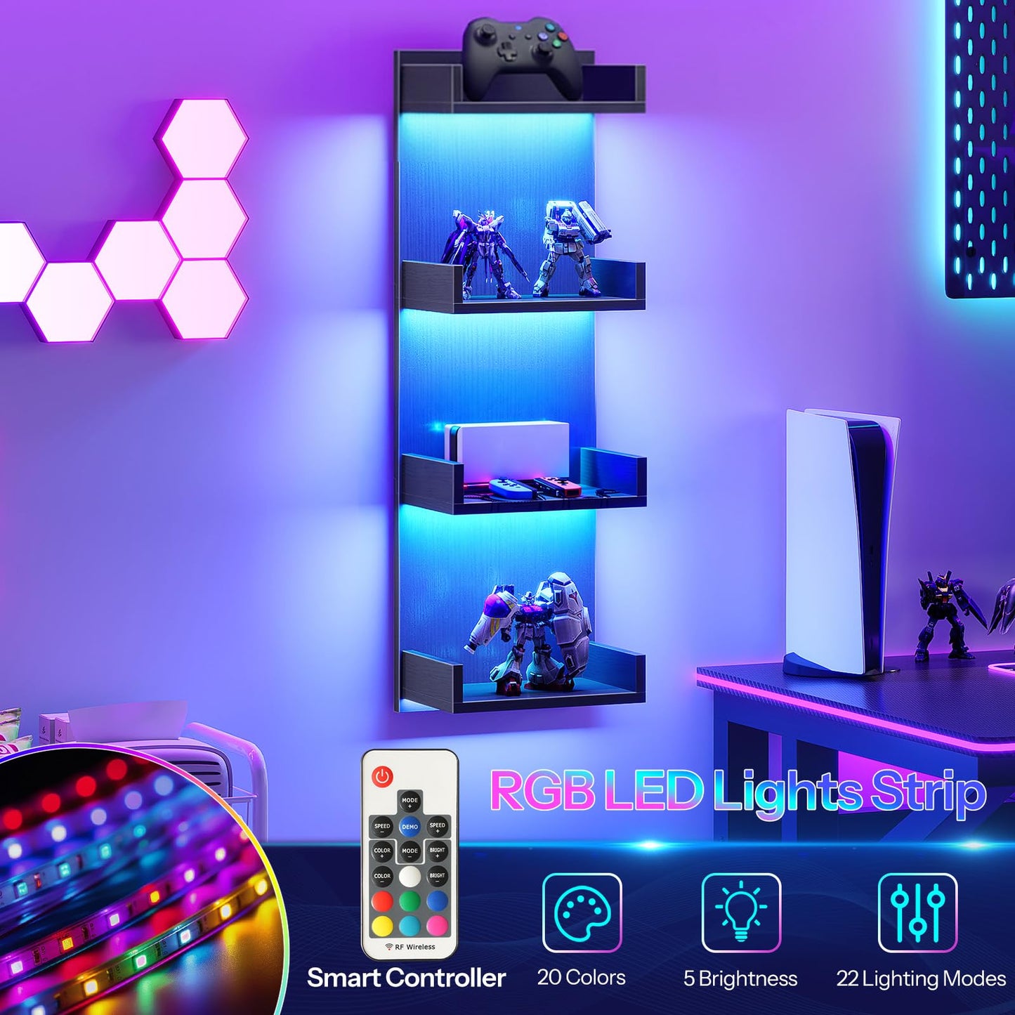 HOOBRO 4-Tier Floating Wall Shelves with LED Lights