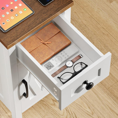 HOOBRO End Table with Charging Station, Farmhouse End Table with Drawer, Slim Nightstand for Living Room, Storage Cabinet, Narrow Side Table for Bedroom, Office, Walnut and White WH364UBZ01