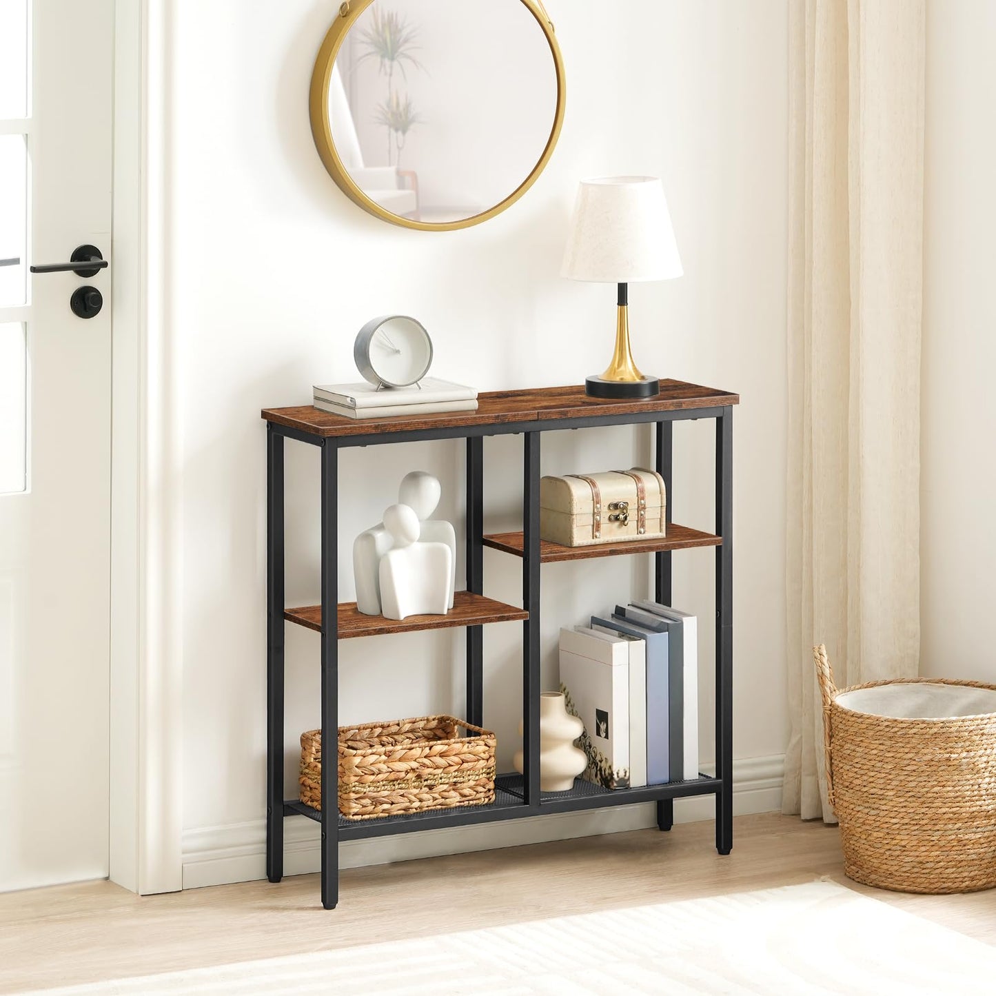 HOOBRO Retro Brown Four-Tier Industrial Style Adjustable Leg Narrow Entryway Table