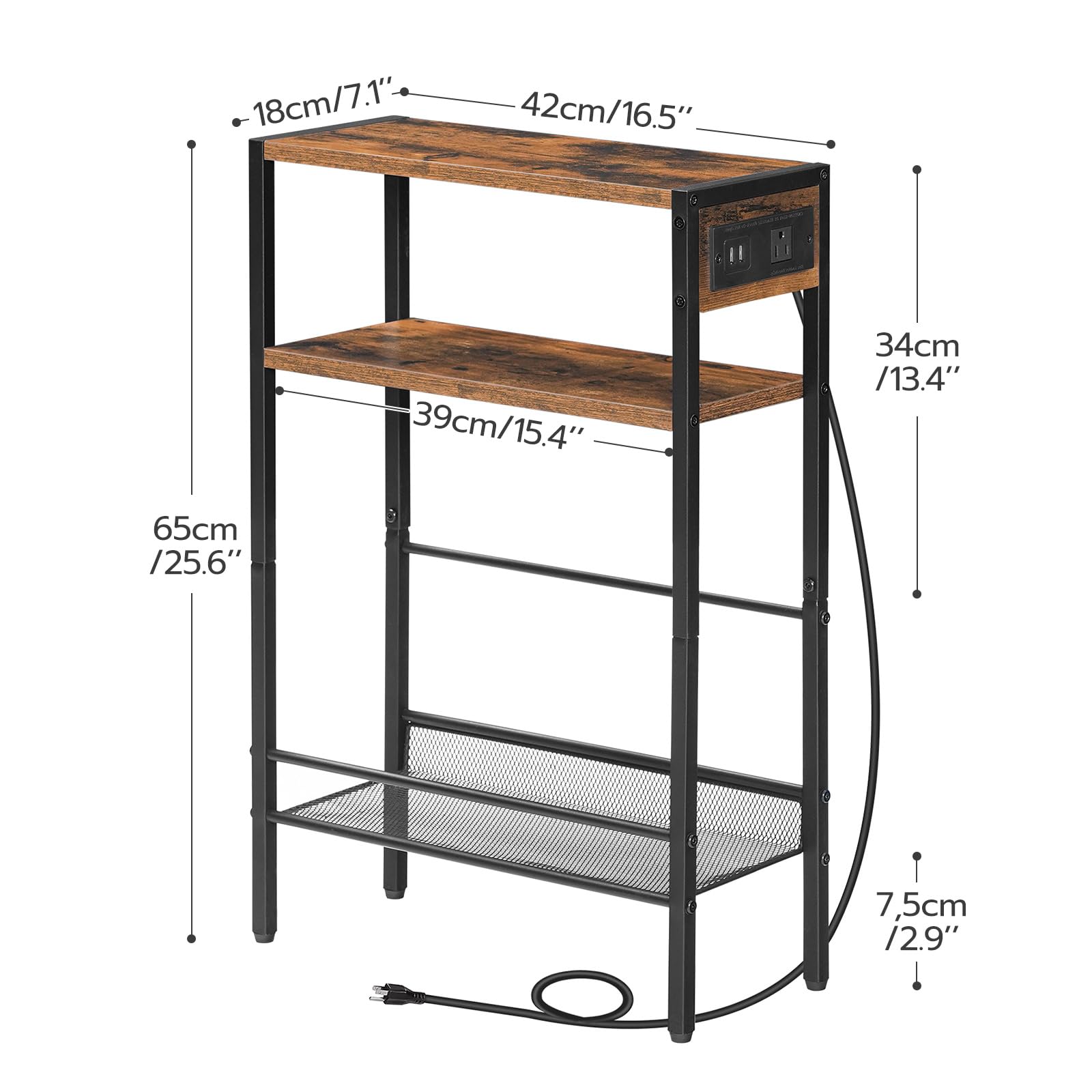 Wooden shelf with metal legs and dimensions labeled on a white background