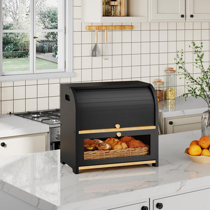 Black roll-top bread box with bread inside on a kitchen counter.