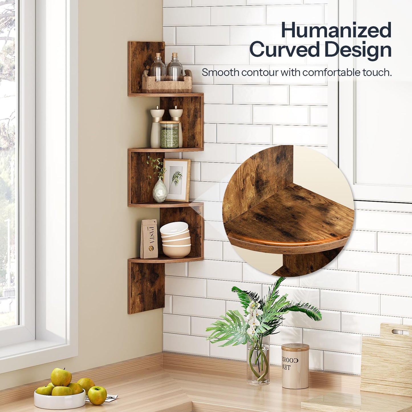 HOOBRO Retro Brown Wall-Mounted Corner Shelf / 2pics