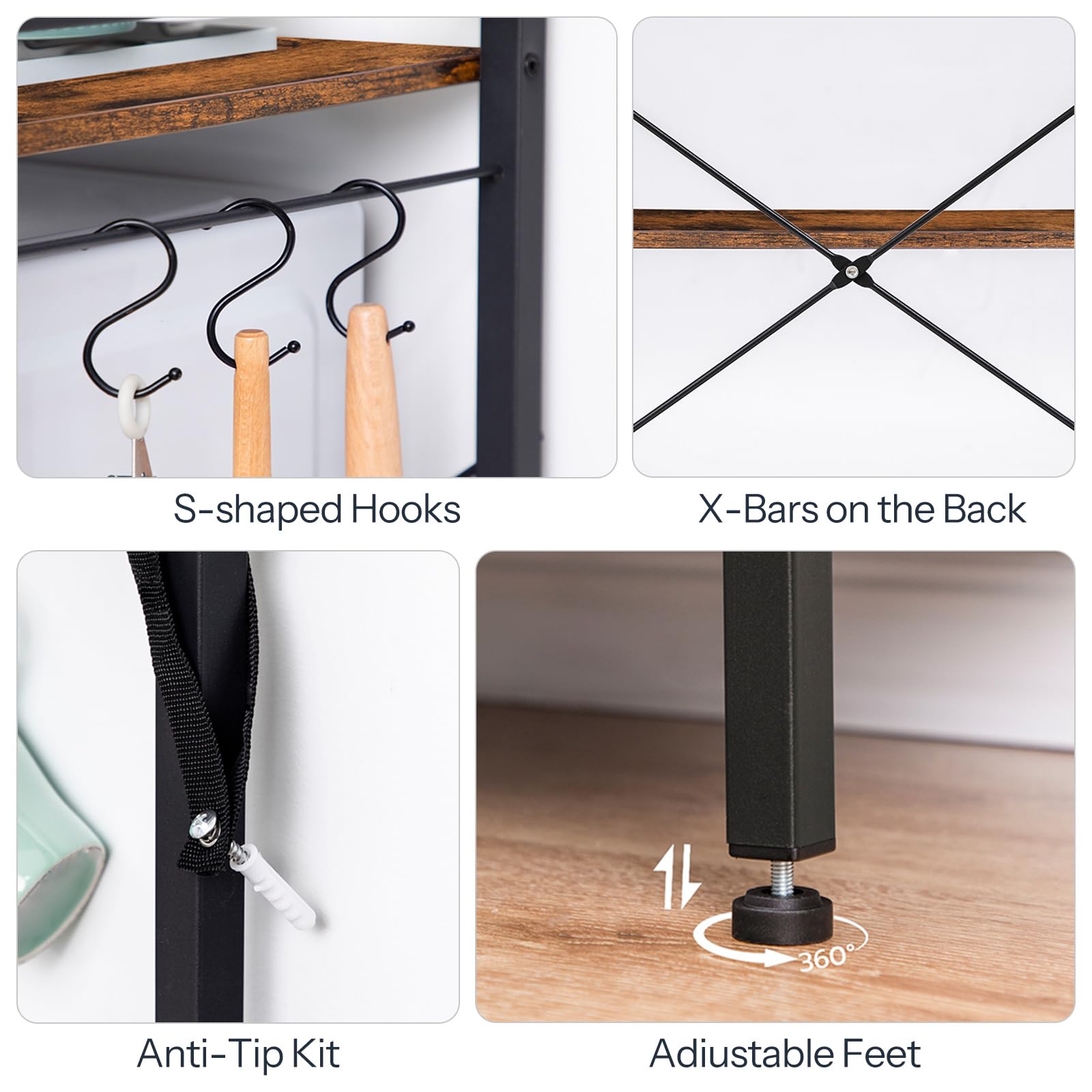 Collage of furniture features including S-shaped hooks, X-bars, anti-tip kit, and adjustable feet.