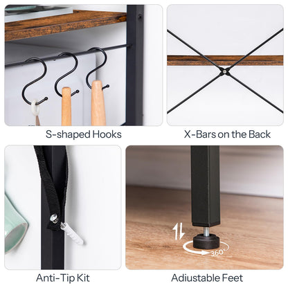 Collage of furniture features including S-shaped hooks, X-bars, anti-tip kit, and adjustable feet.