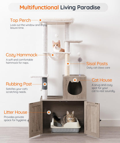 HOOBRO Cat Tree with Hidden Litter Box Enclosure & Sisal Posts