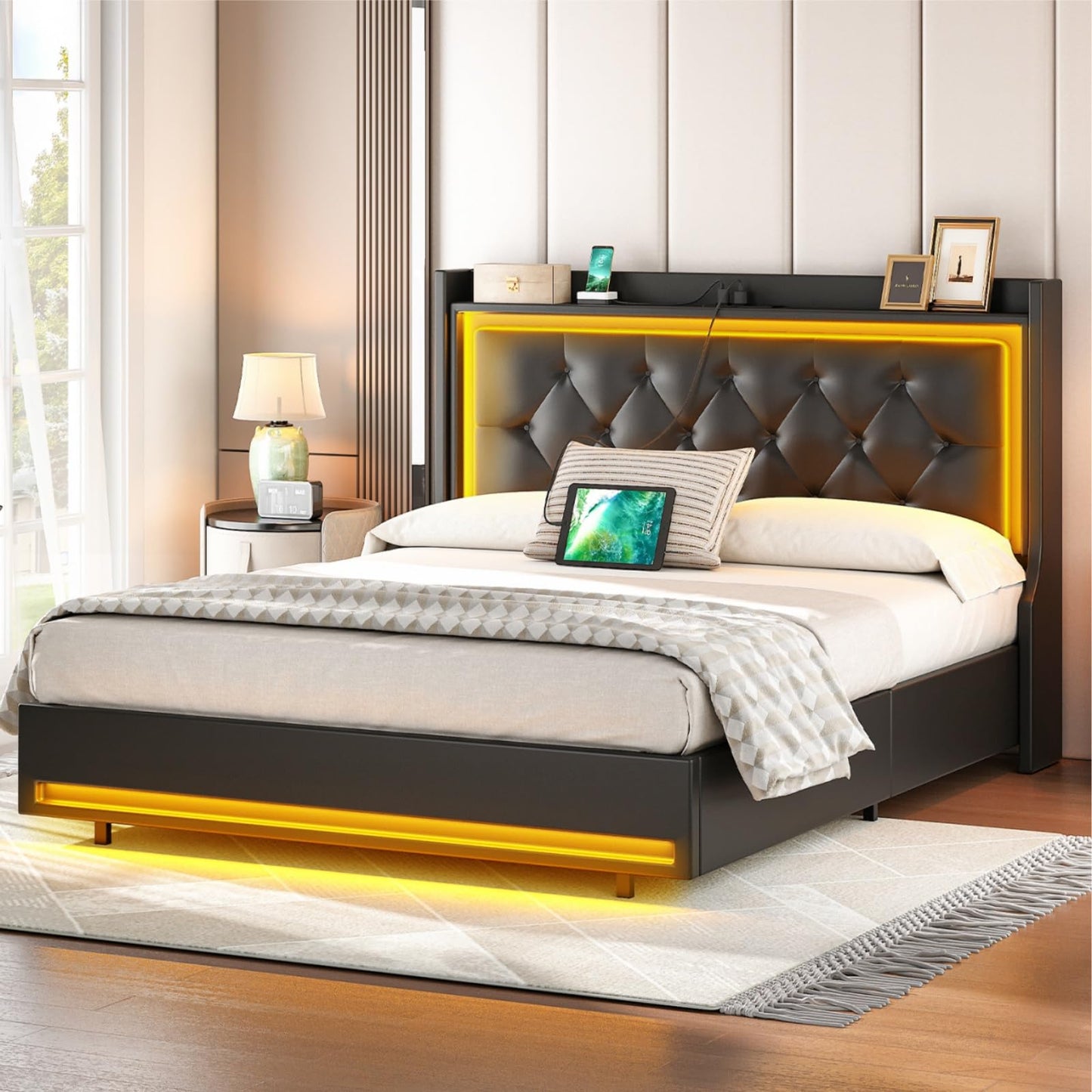 HOOBRO Full Upholstered Bed Frame with Headboard & LED Lights & Charging Station