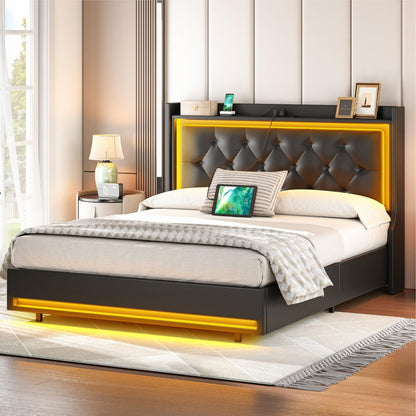 HOOBRO Full Upholstered Bed Frame with Headboard & LED Lights & Charging Station