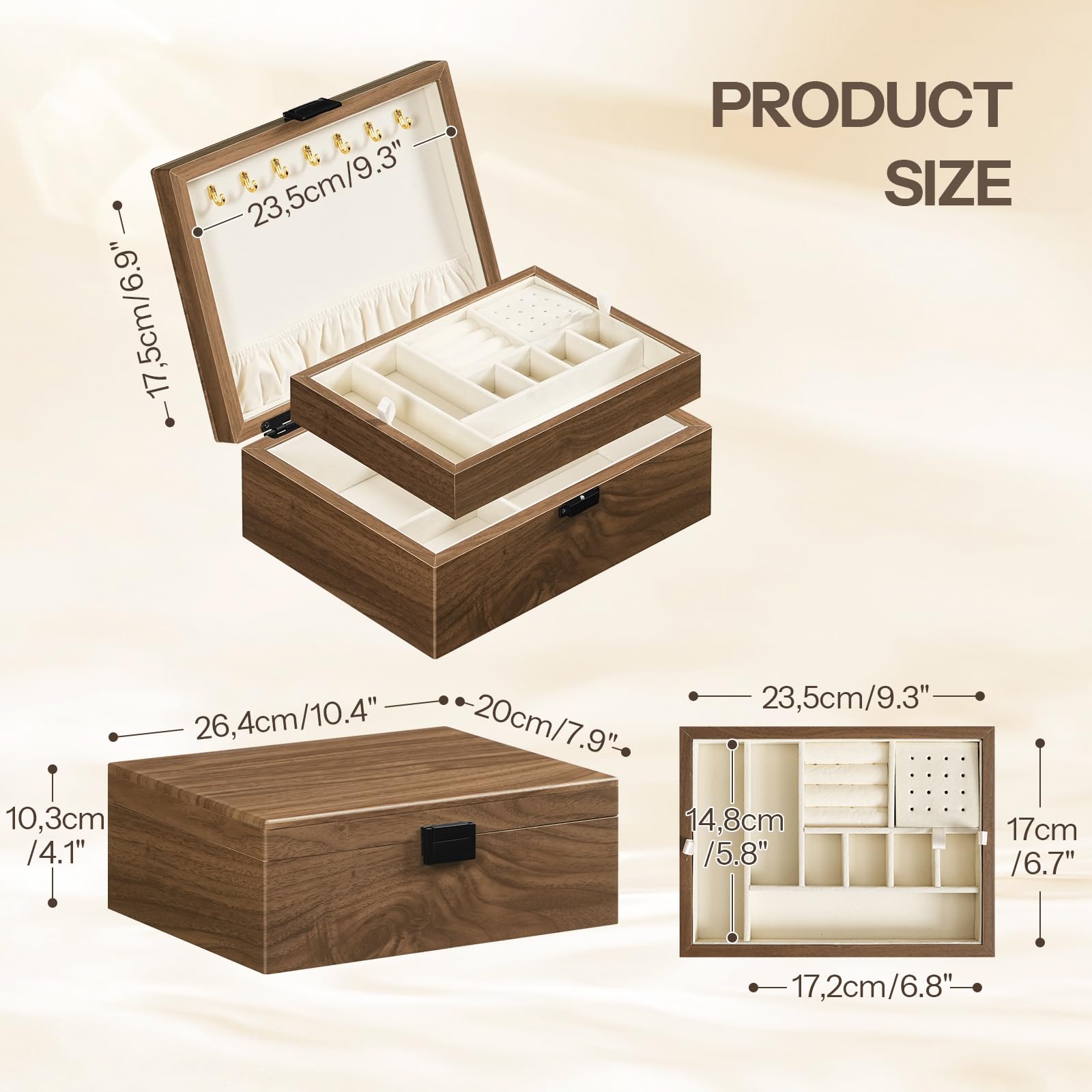 Wooden jewelry box with dimensions indicated on a beige background