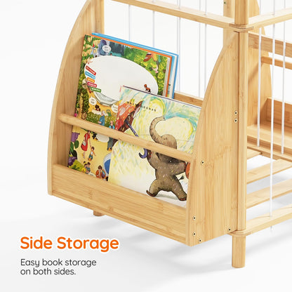 HOOBRO Stuffed Animal Storage, Bamboo Stuffed Animal Organizer with Elastic Cords and Side Bookshelf, Stuffed Animal Holder for Kids' Room, Playroom, Bedroom, Living Room, Nursery, Natural YL67CW01