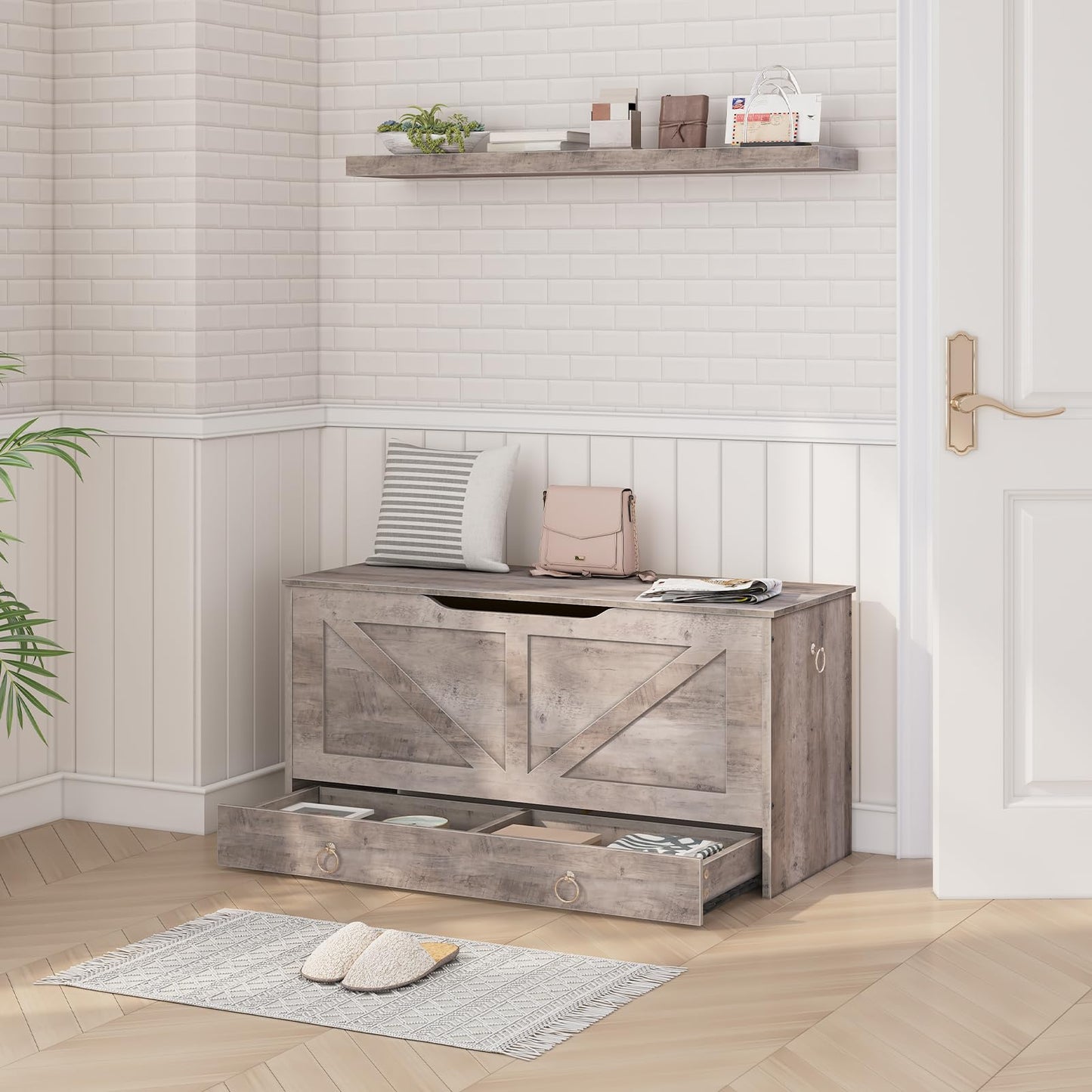 HOOBRO 39.3-inch Toy Box Storage Box with Drawer Safety Hinges