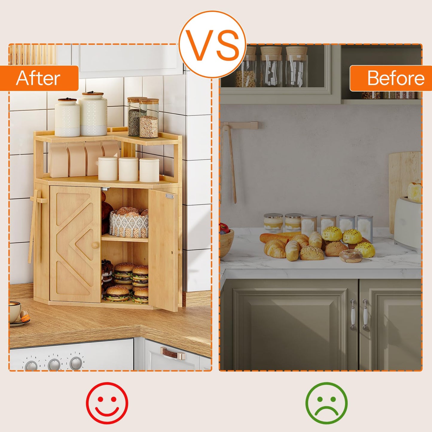 HOOBRO Bamboo Corner Bread Box for Kitchen