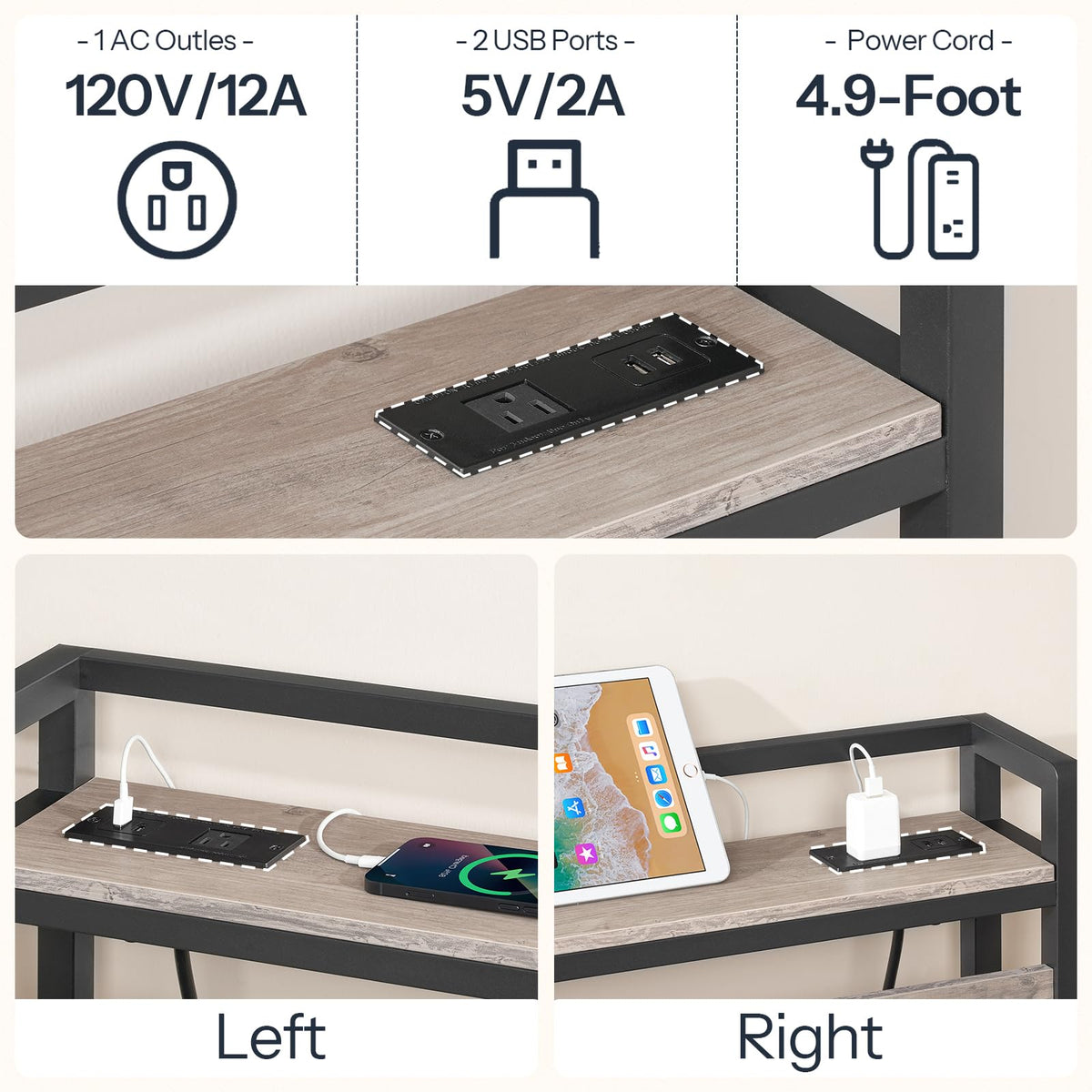 HOOBRO King Size Headboard, Headboard with 2 Outlets and 4 USB Ports, Adjustable Height, Storage Rack, Sturdy and Stable, Easy Assembly, Greige and Black