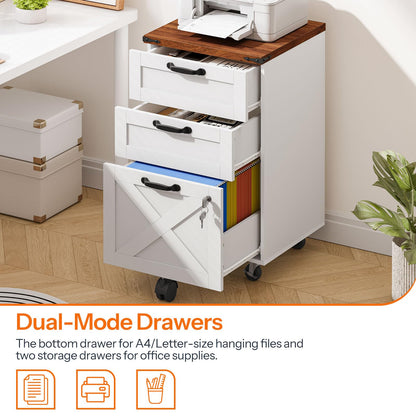 HOOBRO 3 Drawer Mobile Farmhouse File Cabinet for A4/Letter Size