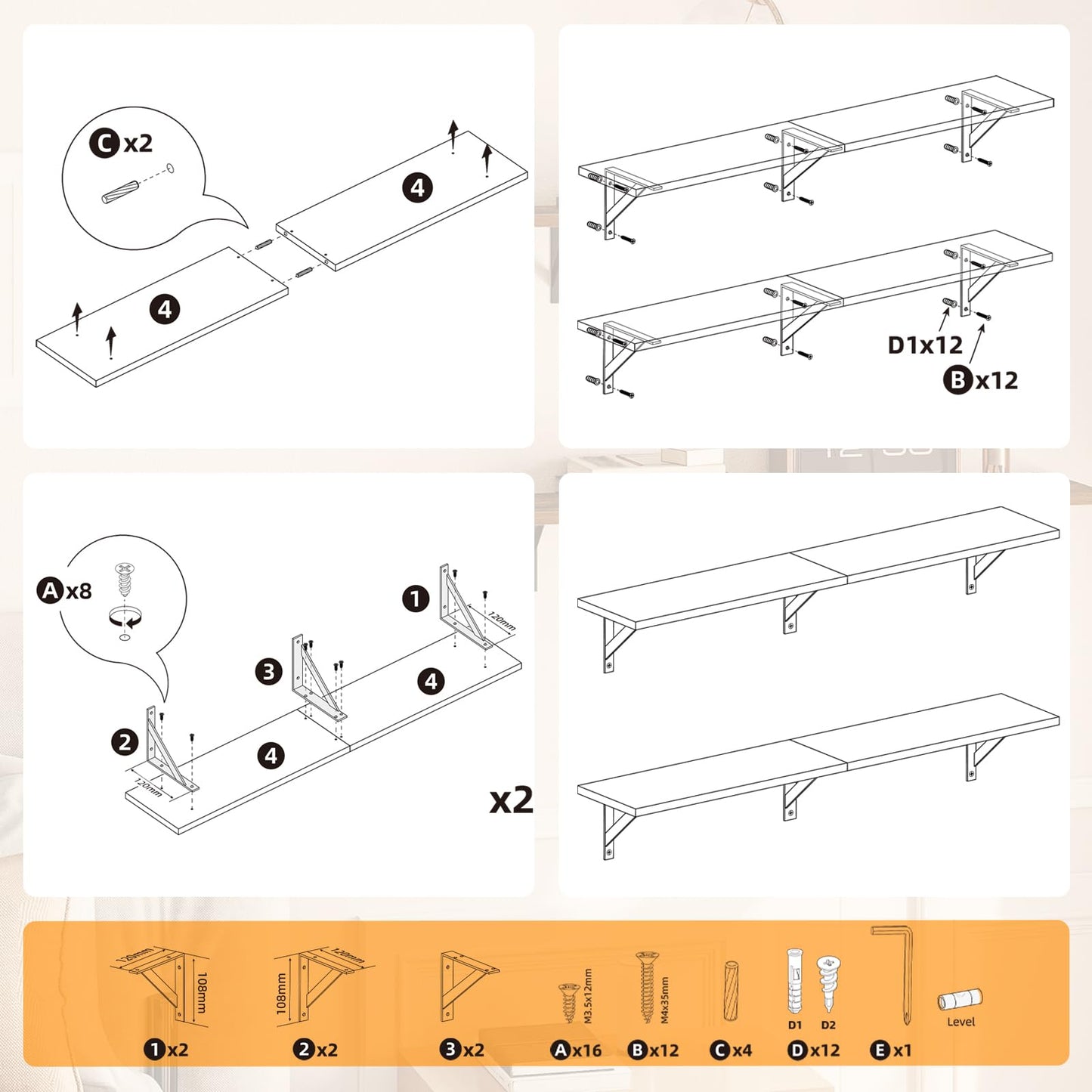HOOBRO 30-inch Retro Brown Metal Frame Wall-Mounted Shelf /2PICS