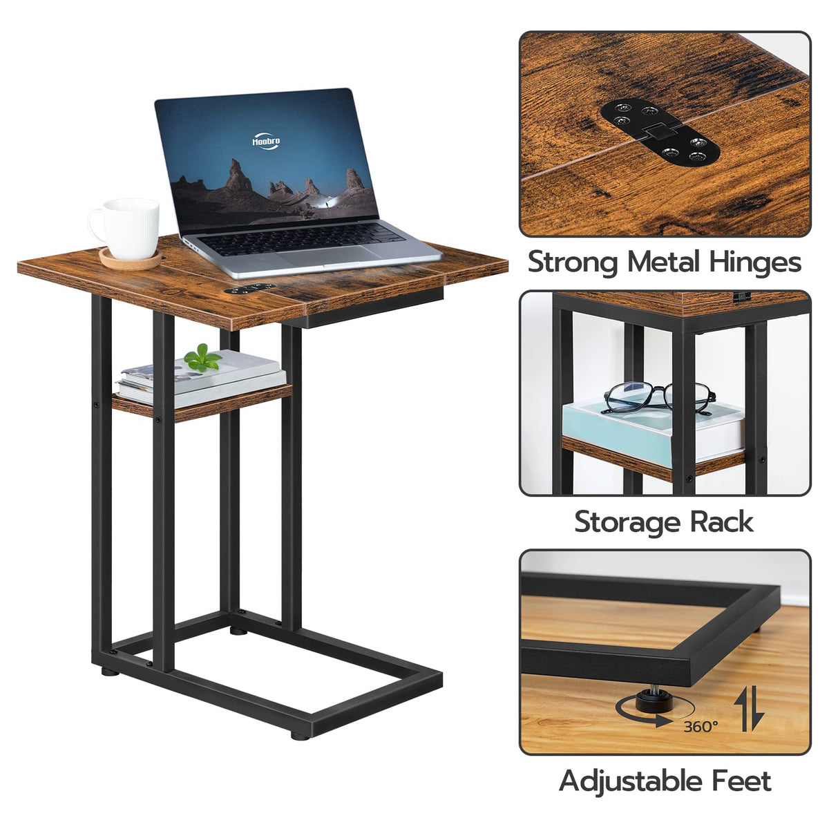 HOOBRO Foldable C Shaped End Table, C Shaped Side Table with Storage Shelf, Slide Under Couch Table for Sofa, Small Spaces, for Living Room, Bedroom, Easy Assembly, Rustic Brown BF29SF01