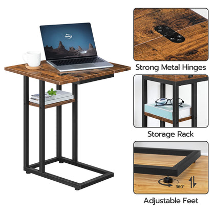 HOOBRO Foldable C Shaped End Table, C Shaped Side Table with Storage Shelf, Slide Under Couch Table for Sofa, Small Spaces, for Living Room, Bedroom, Easy Assembly, Rustic Brown BF29SF01