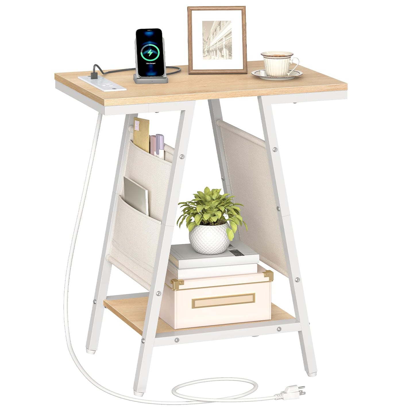 HOOBRO End Table, Skinny Side Table with Storage, Narrow Nightstand with Storage, Fabric Pockets, Narrow End Table for Small Spaces, Living Room, Bedroom, White and Natural WN426UBZ01