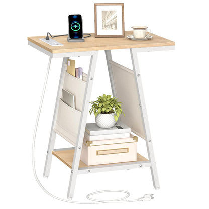 HOOBRO End Table, Skinny Side Table with Storage, Narrow Nightstand with Storage, Fabric Pockets, Narrow End Table for Small Spaces, Living Room, Bedroom, White and Natural WN426UBZ01