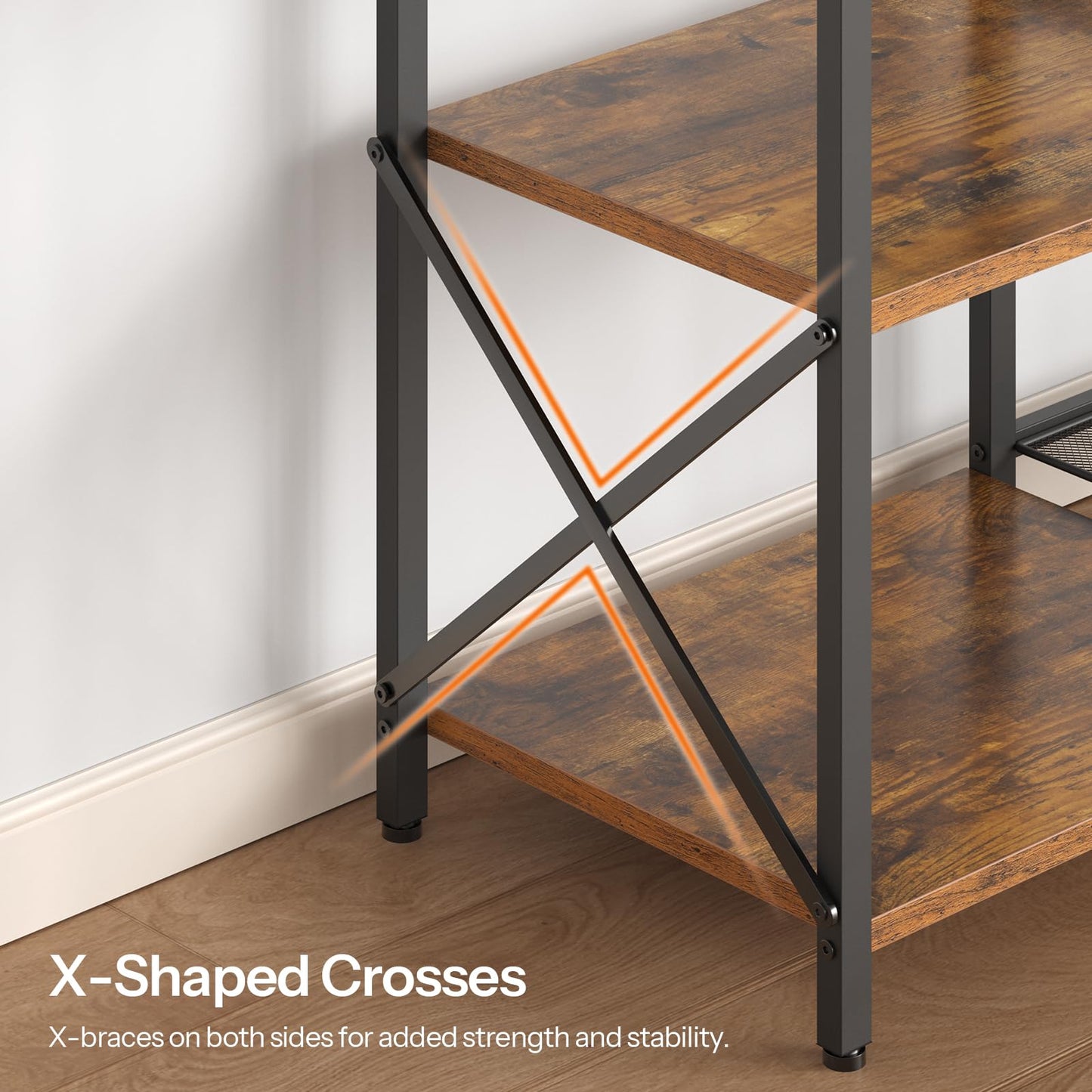 Wooden shelf with metal X-shaped braces against a white wall.