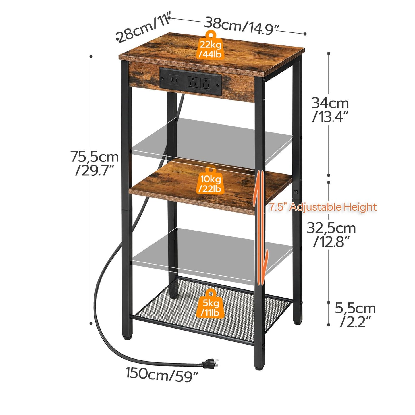 HOOBRO Tall 3-Tier Narrow Side Table with Charging Station