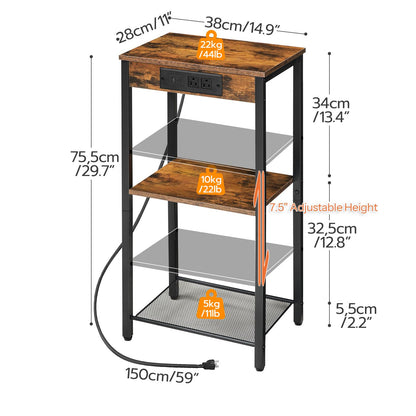 HOOBRO Tall 3-Tier Narrow Side Table with Charging Station