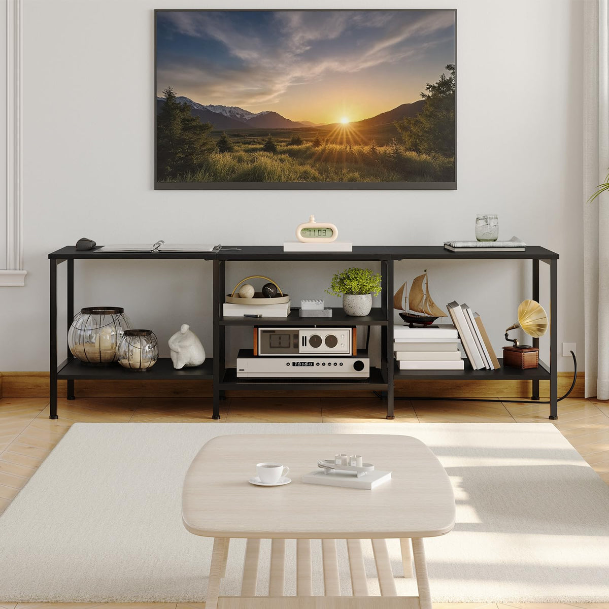 HOOBRO TV Stand with Power Outlets to 75 Inches, TV Console Table with Open Storage Shelves Cabinet, Industrial Media Entertainment Center for Living Room Bedroom, Black BB60DS01