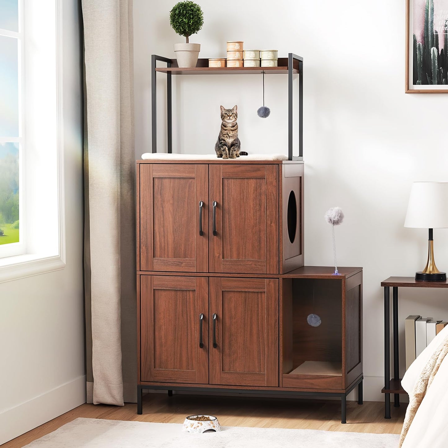 HOOBRO Wooden Cat Litter Box Enclosure with Storage & 2 Plush Balls