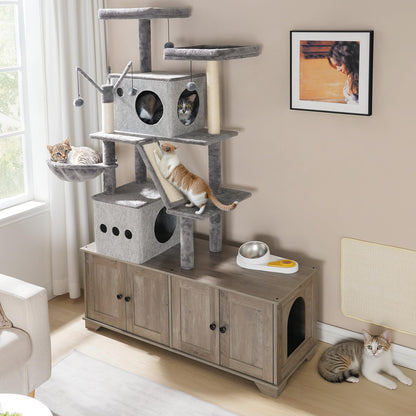 HOOBRO Greige Double-Layer Concealed Integrated Litter Box Enclosure with Cat Tree & Hammock & Sisal Post