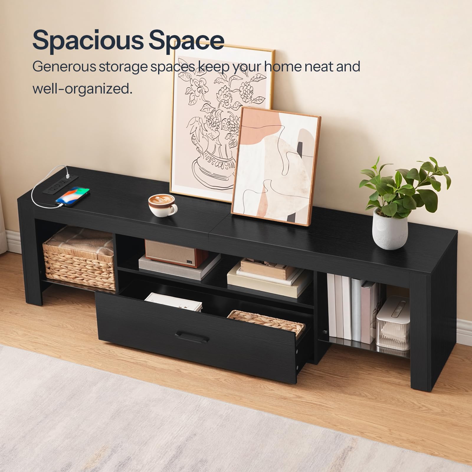 HOOBRO LED TV Stand with Power Outlets for Up to 65″ TVs