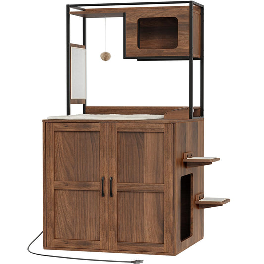 HOOBRO Brown Hidden Robotic Automatic Cat Litter Box Cabinet with Charging Station & Scratch Mat