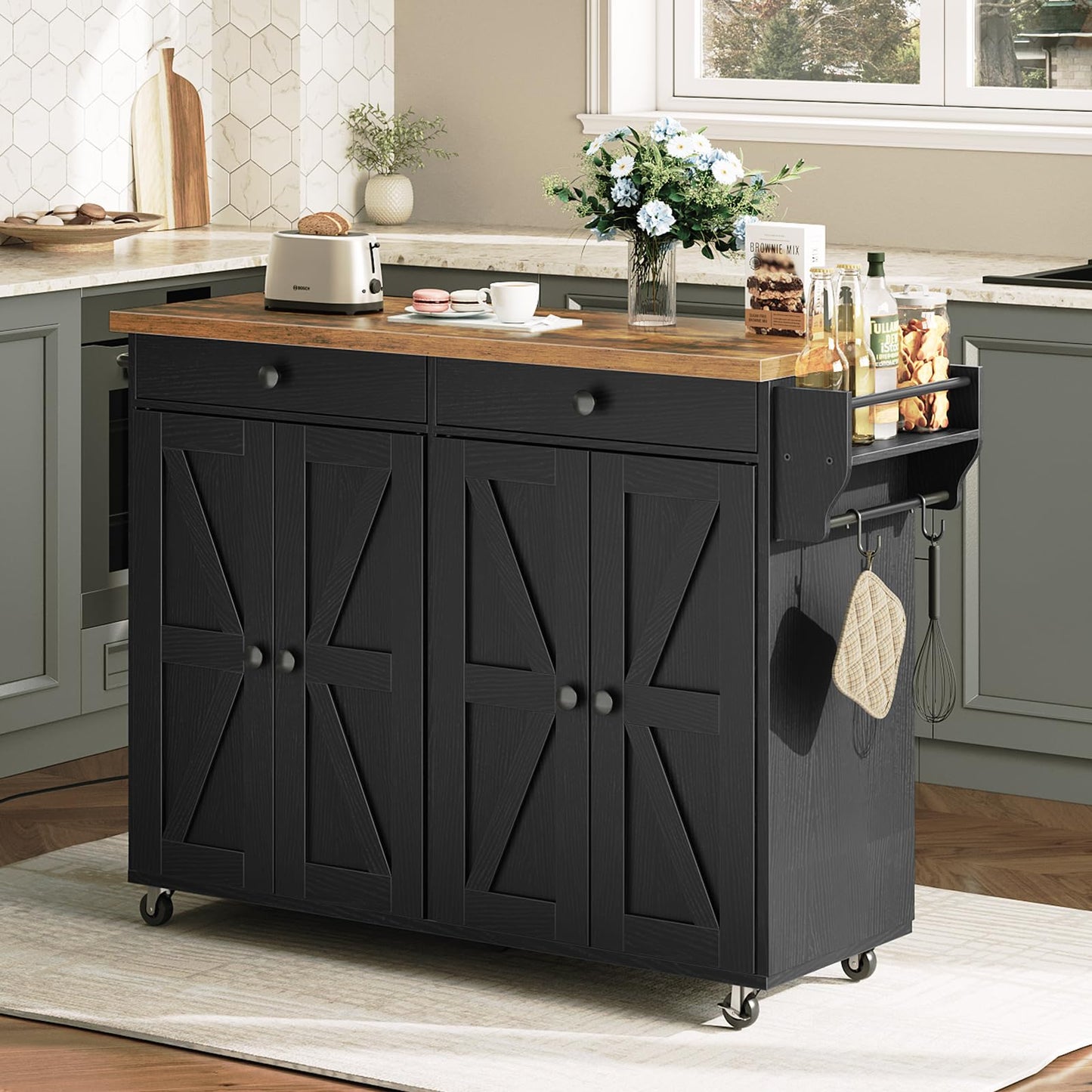 HOOBRO 43.3-inch Rolling Kitchen Island with Power Outlet
